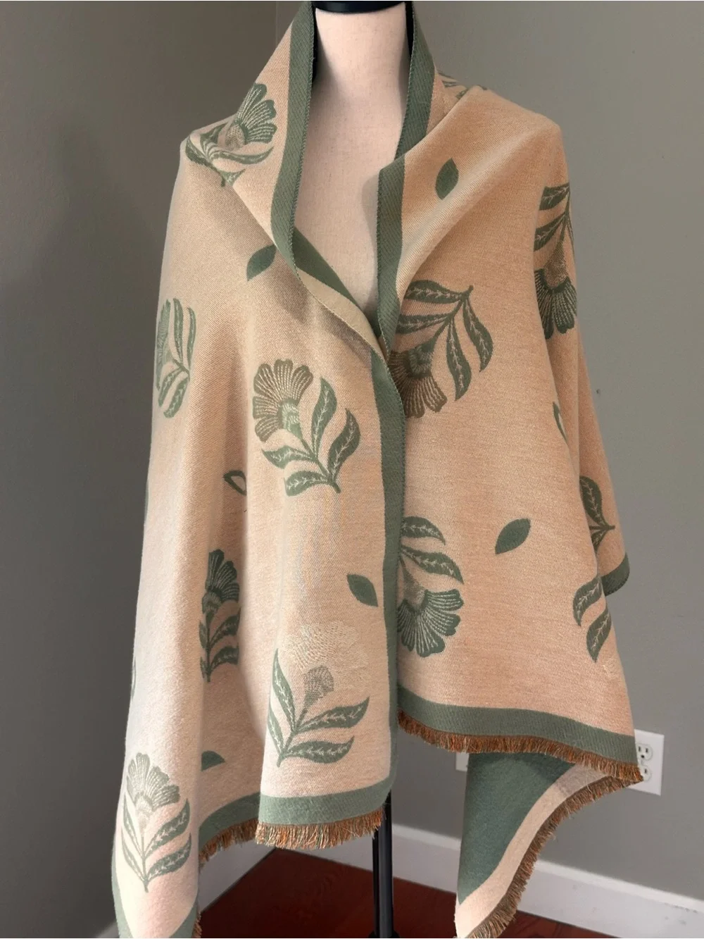 Large Beige Shawl Scarf with Sage Floral Jacquard Comfy Finge